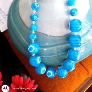 Lucite Vintage Blue and White Floral Graduated Bead Necklace